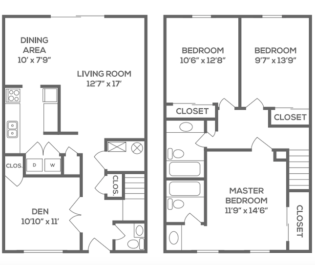 Floor plan for 3 beds, 2.5 baths, 1450 sqft